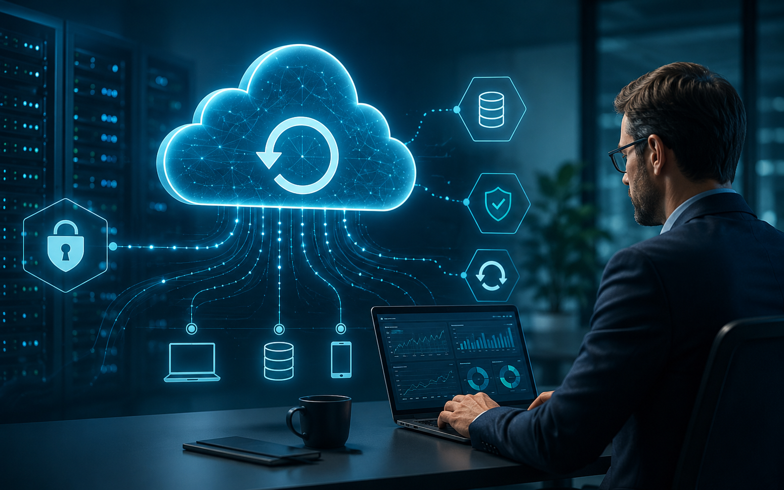 Profissional de TI monitorando backup em nuvem e proteção de dados